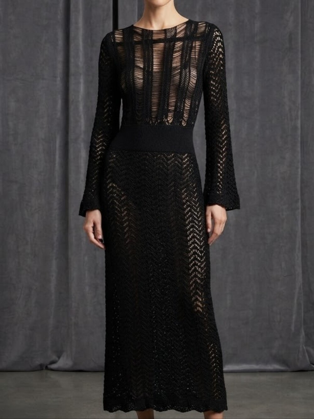 Crochet Cotton-Blend Maxi Dress Black